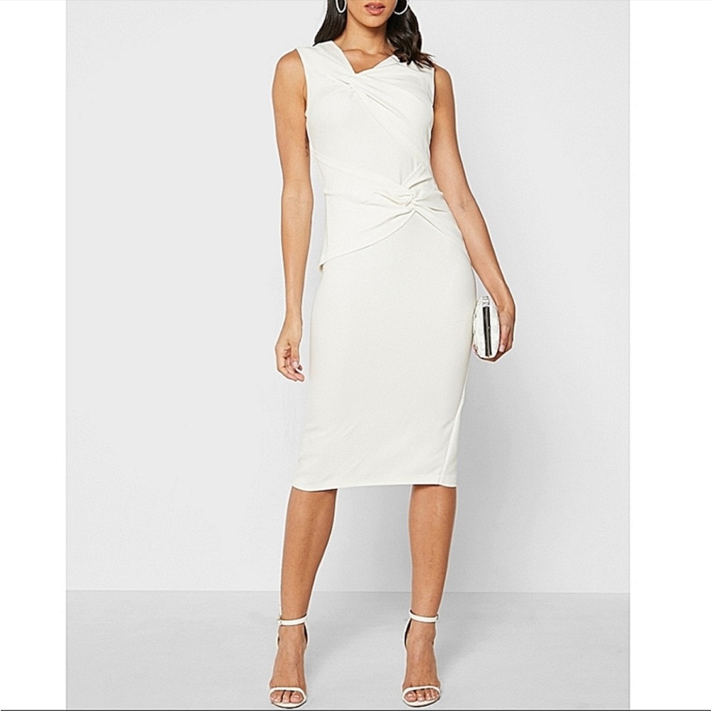 REISS Alex Gathered Bodycon Midi Dress in White